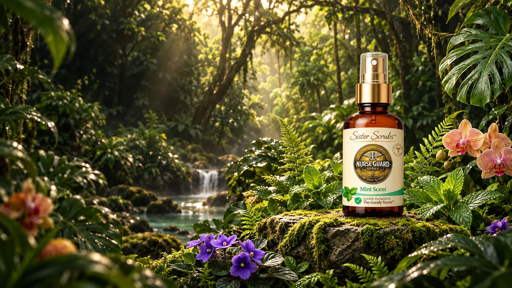 Nurse Guard Mint Scent bottle beside a forest stream