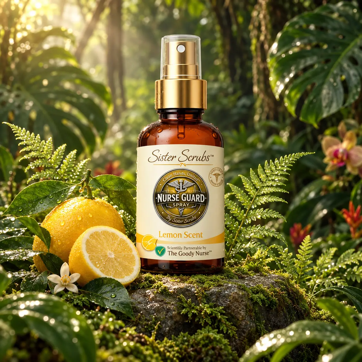Nurse Guard Citrus Breeze Defense bottle among botanicals