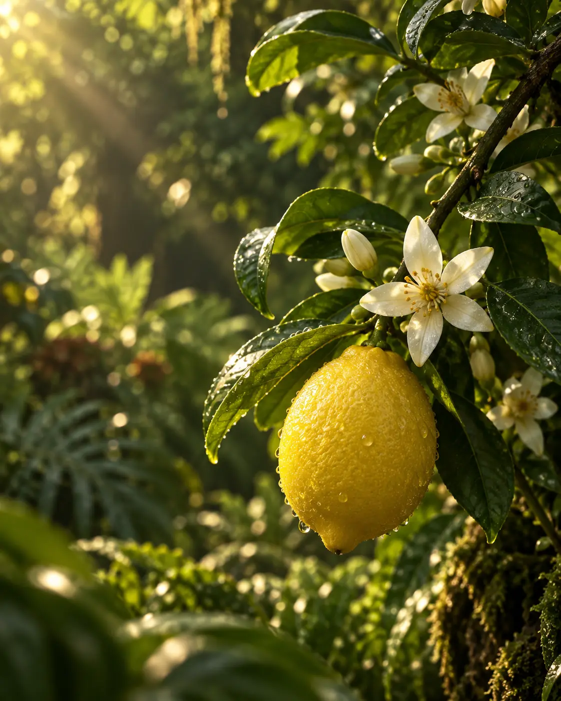 A dew-covered lemon and blossoms on a sunlit branch