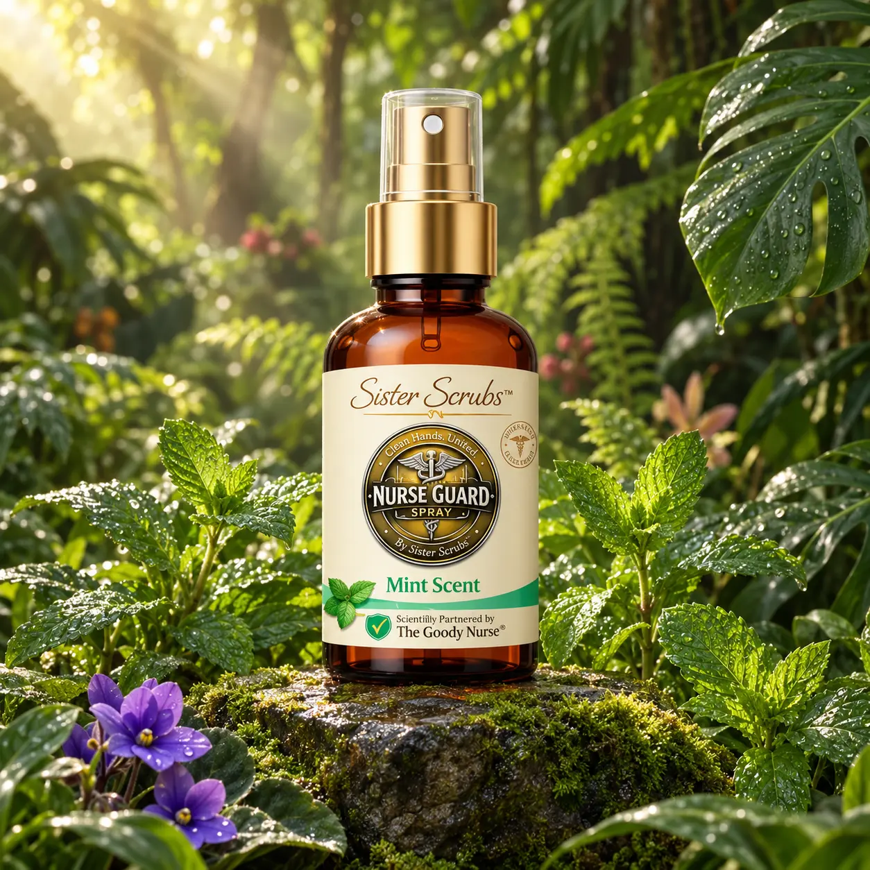 Nurse Guard Mint Defense bottle among botanicals