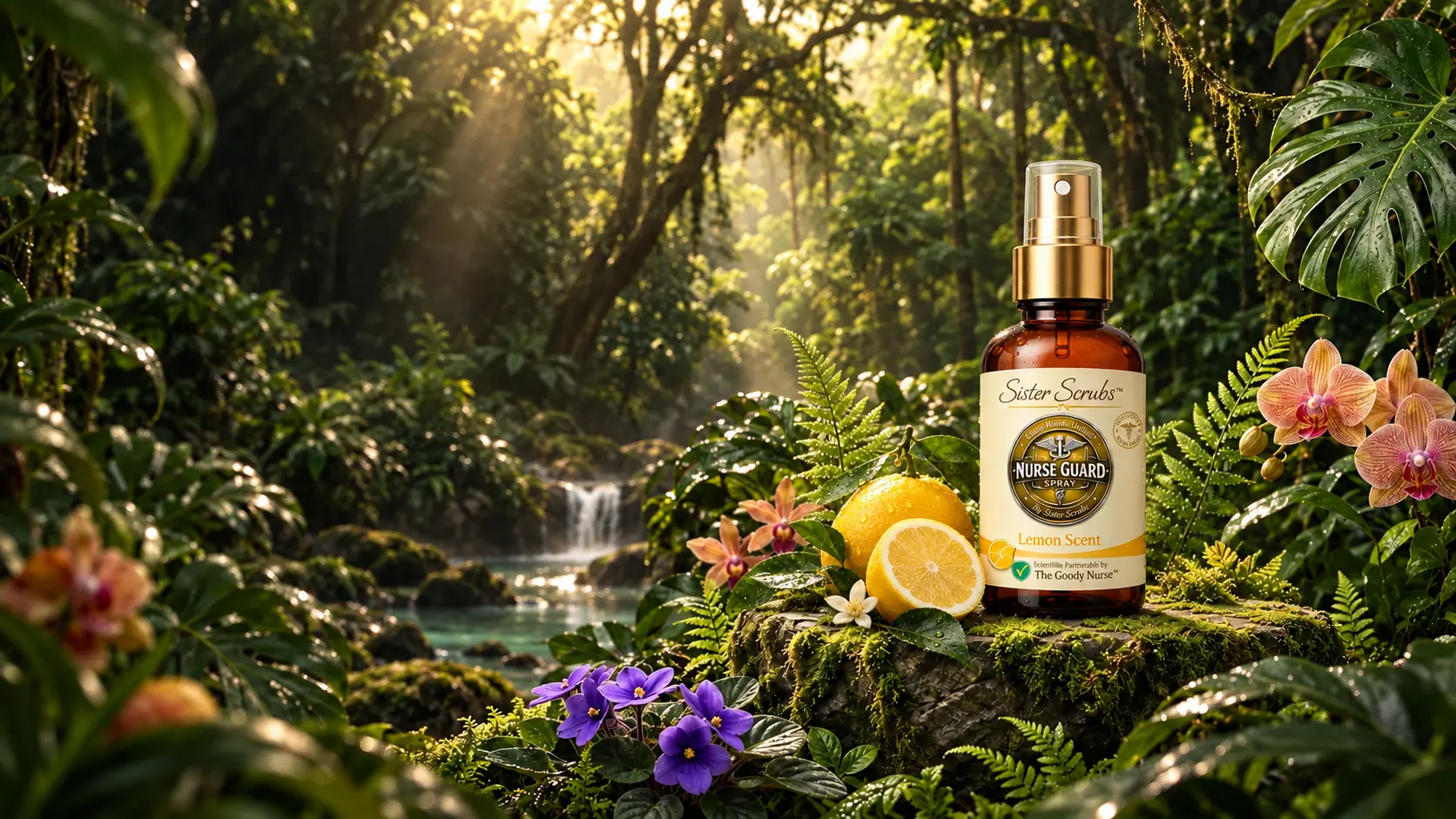 Nurse Guard Lemon Scent bottle in a lush forest clearing